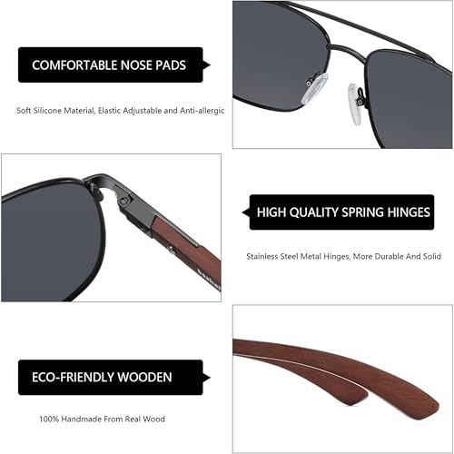 Wood Temple Aviator Polarized Sunglasses UV Protection