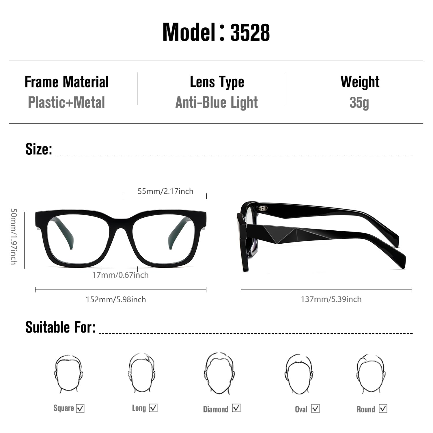 Square Blue Light Blocking Glasses Anti Eyestrain UV Protection