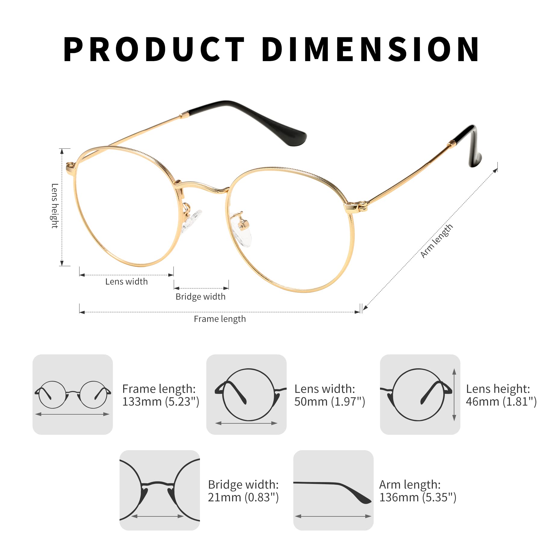 Classic Round Metal Glasses Clear Lens Unisex Frame