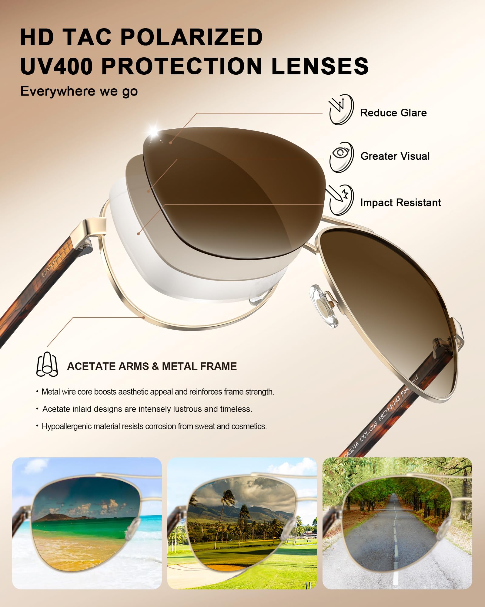 Polarized Sunglasses Acetate Arms Lightweight UV400 Frame