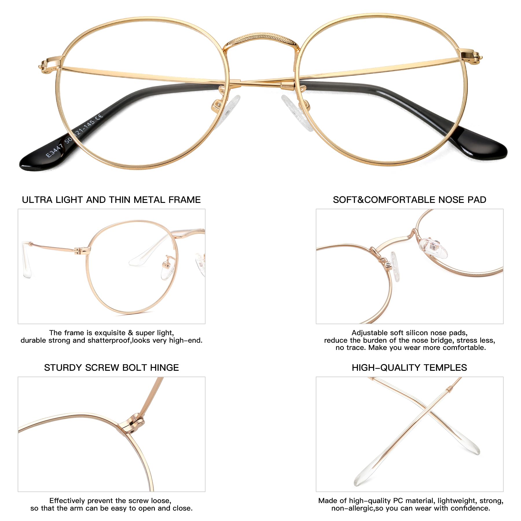 Classic Round Metal Glasses Clear Lens Unisex Frame