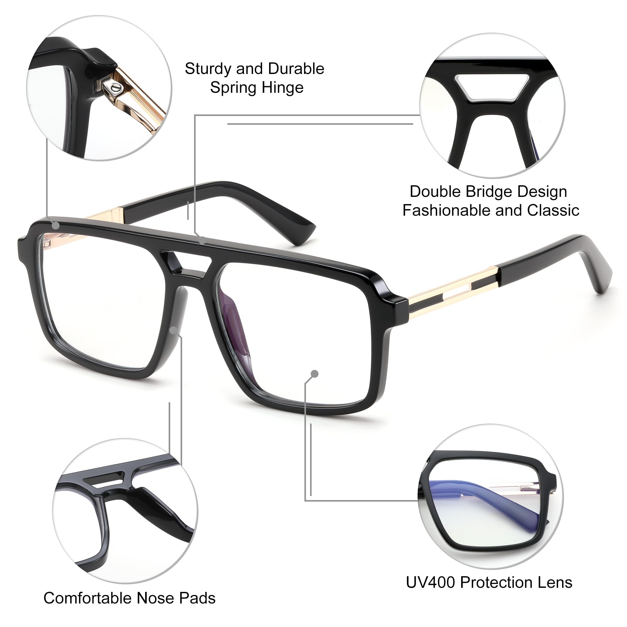 Retro Aviator Blue Light Glasses Square Frame Computer Use