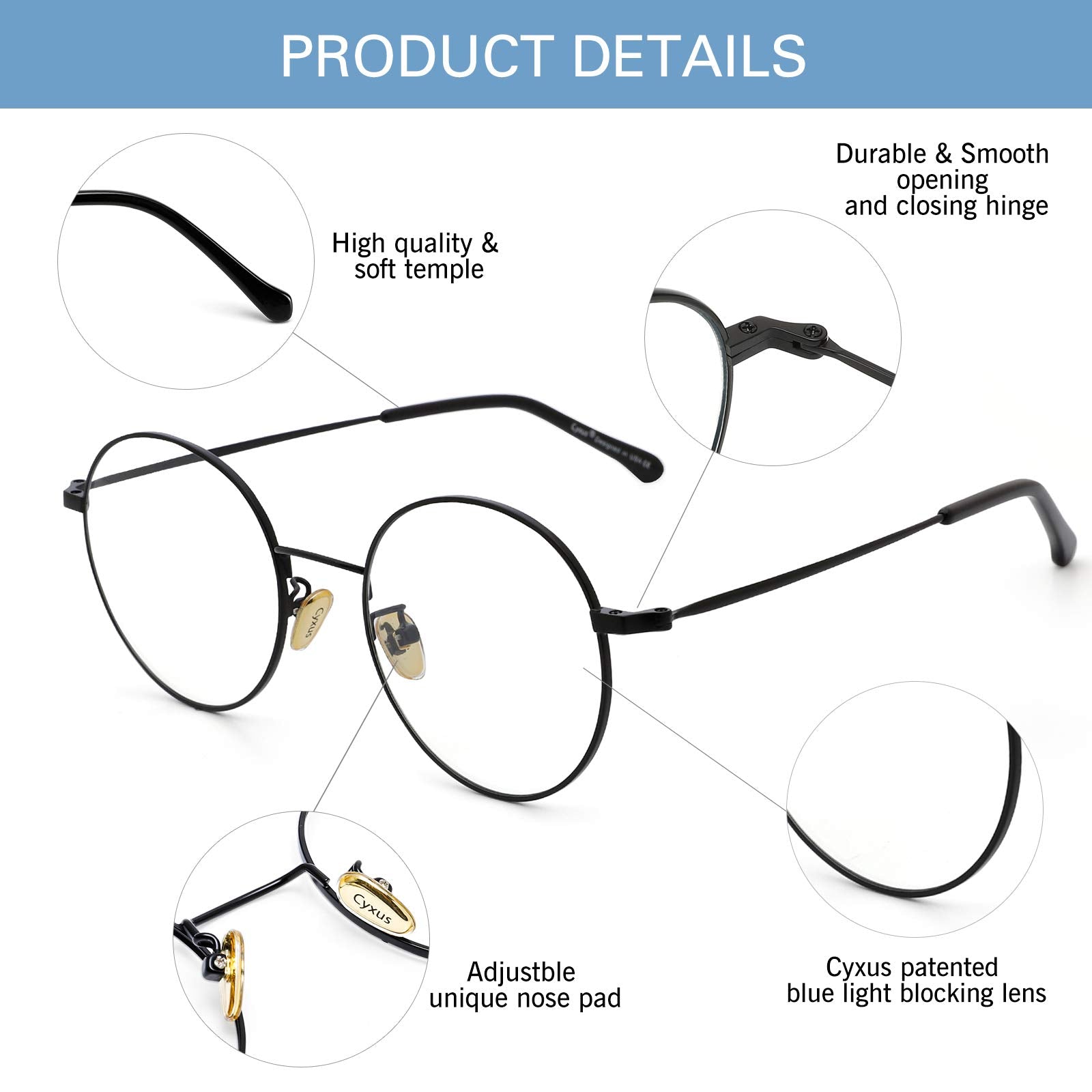 Round Blue Light Glasses Metal Frame Computer Use 3 Pack